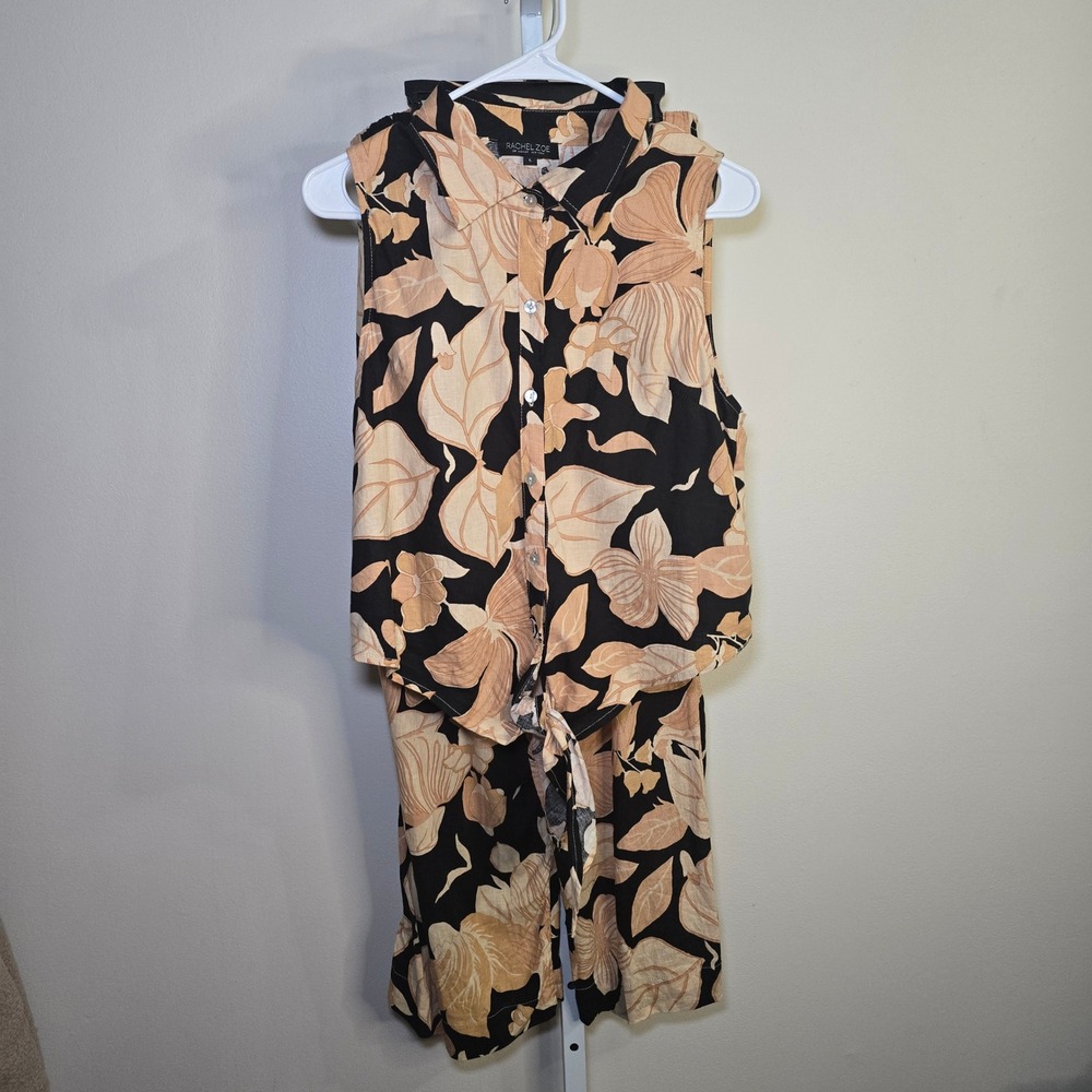 Rachel Zoe Womens 2 Piece Set Floral‎ Tie Front Sleeveless Top Wide Leg Pants L